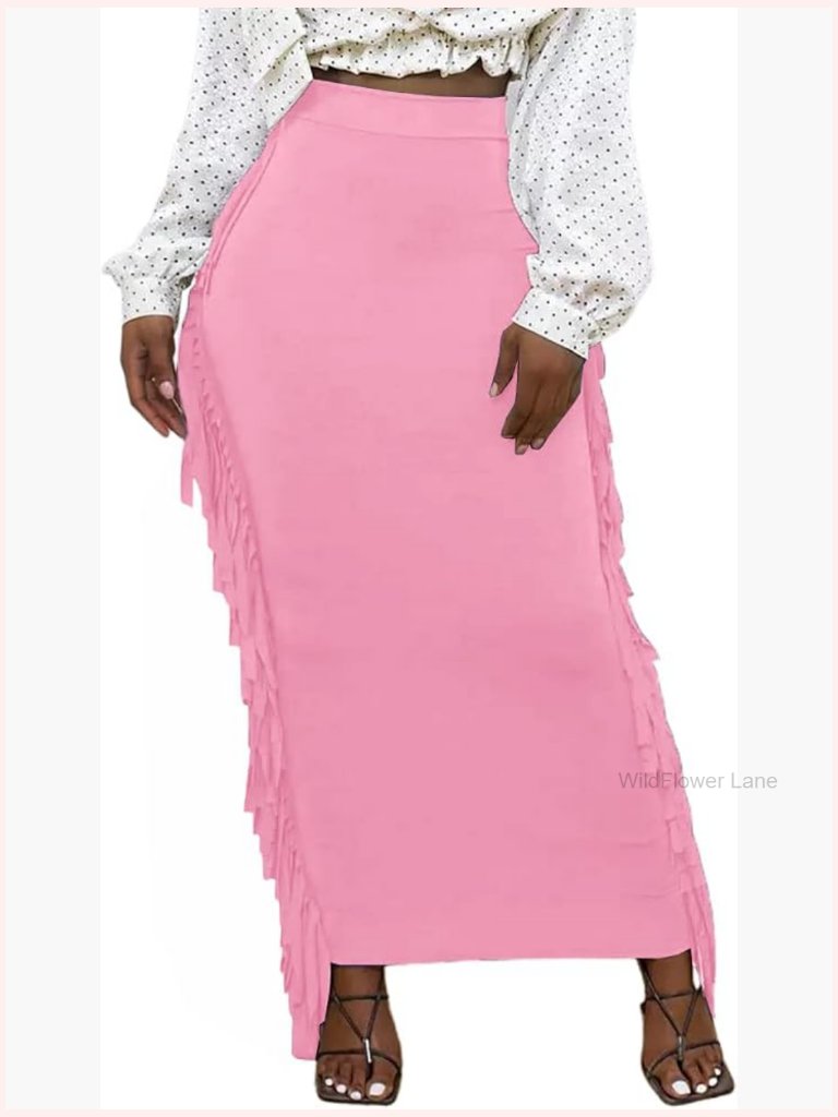High Waist Bodycon Maxi Pencil Skirt With Side Tassels Pull On